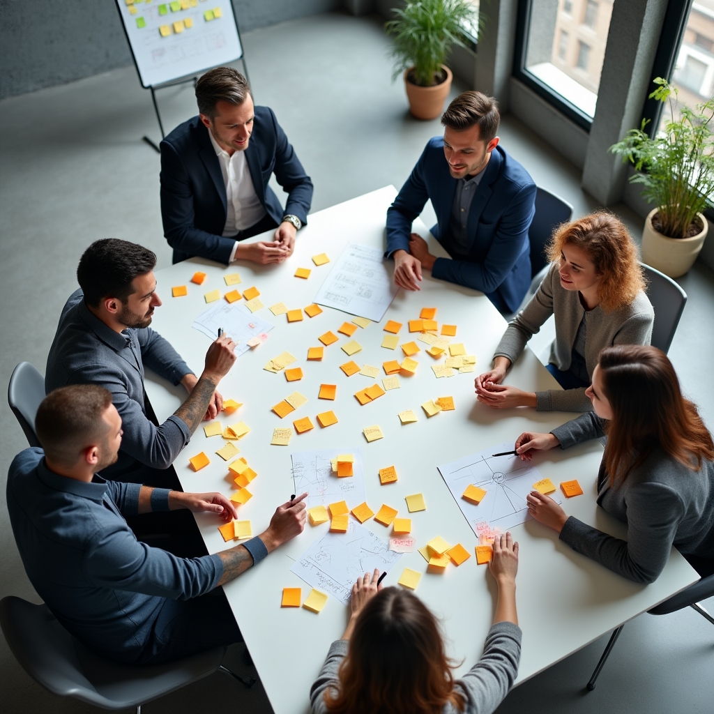 Echipă mixtă în sesiune de brainstorming la hackathon corporate