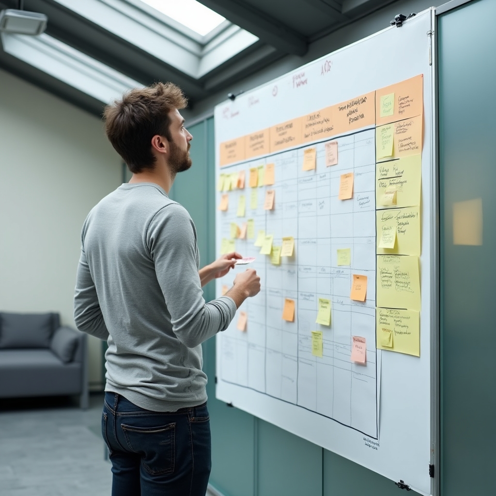 Manager de inovare planificând formatul hackathonului pe whiteboard