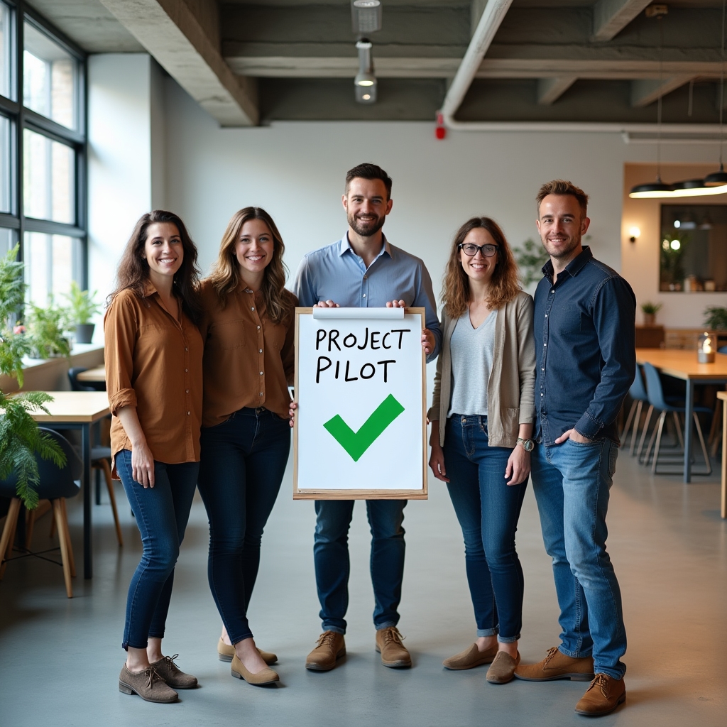 Echipă lansând proiectul pilot rezultat din hackathon corporate
