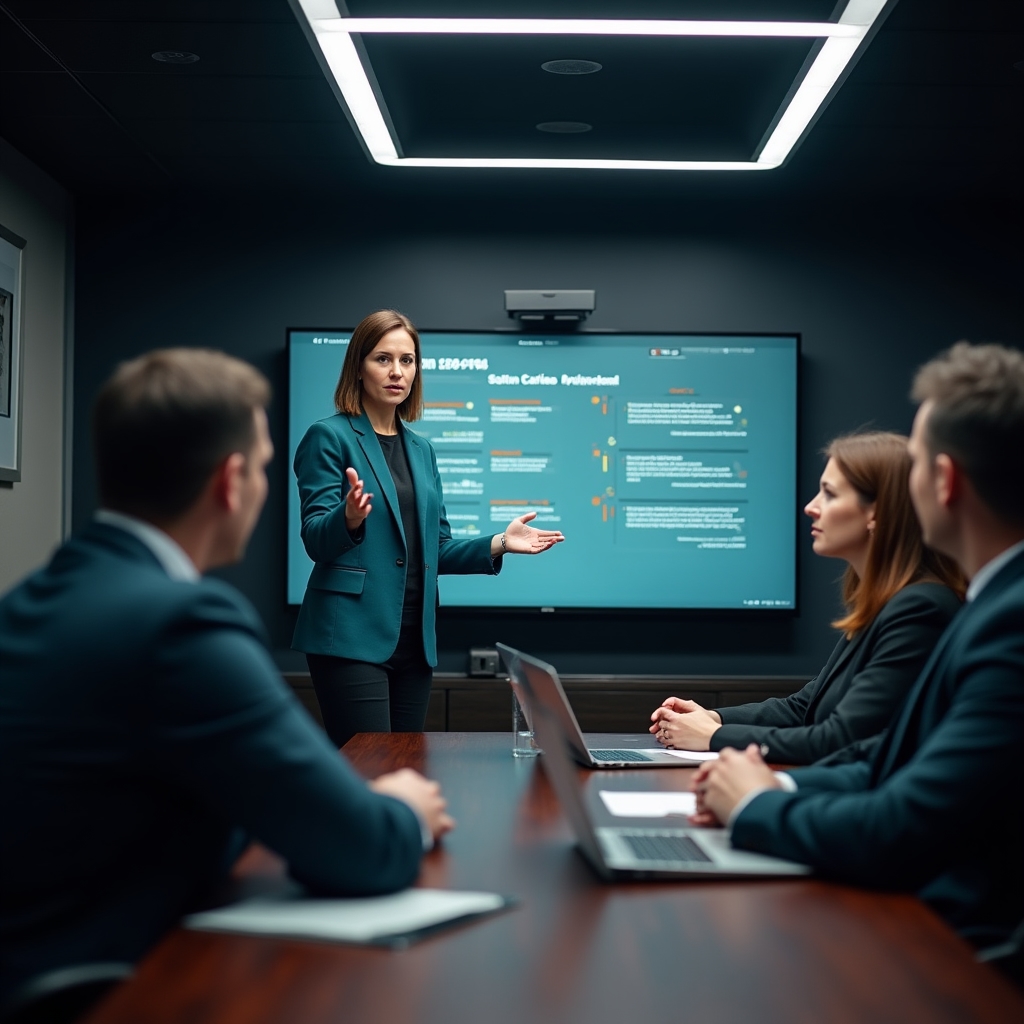 Participant prezentând soluția în fața managementului senior